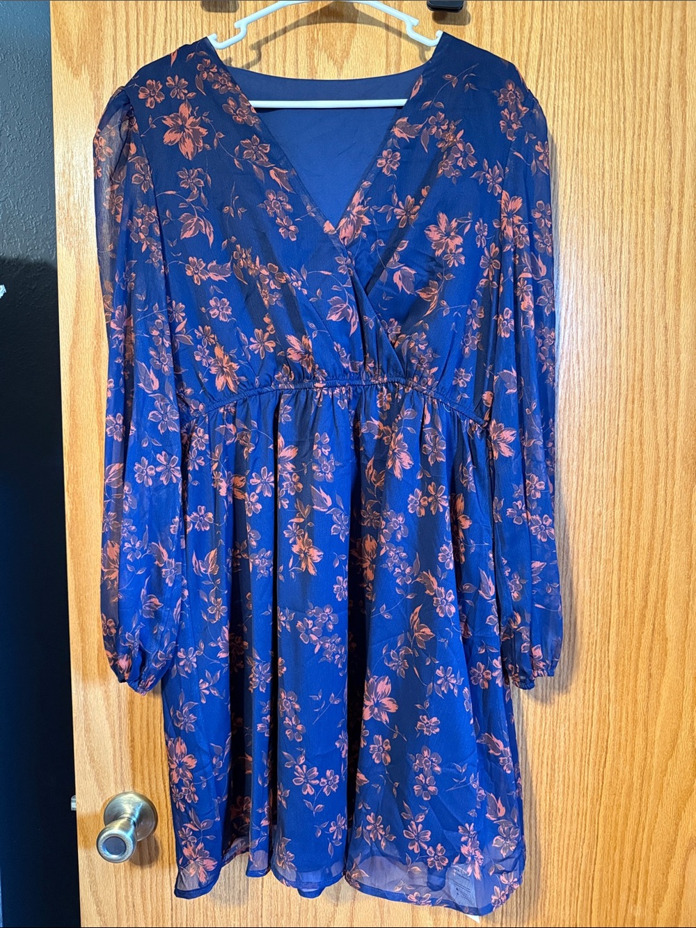 Cupshe Royal Blue Long Sleeve Floral Dress with Coral Print